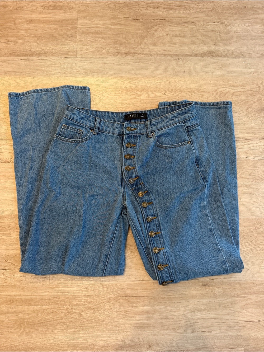 Lioness Vintage-Inspired Blue High-Waist Flare Jeans with Button-Fly